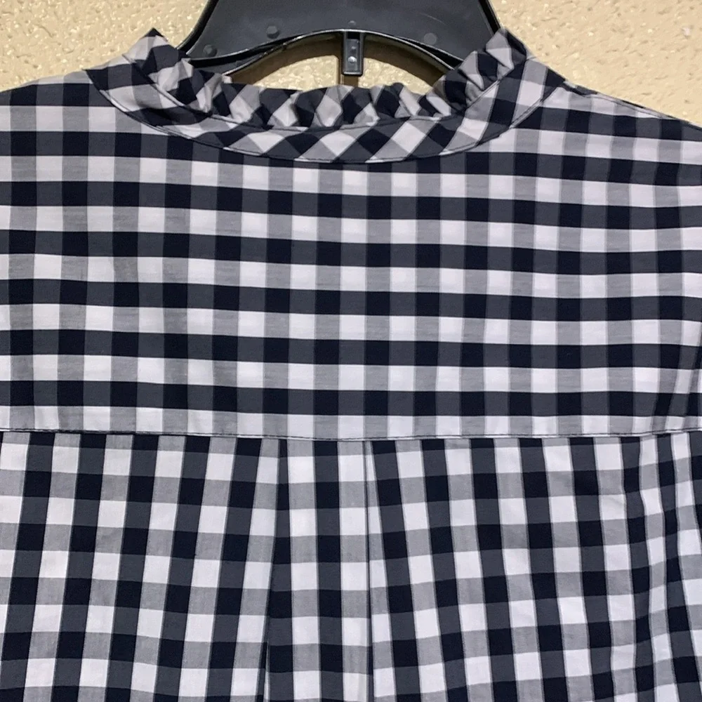 Anne Klein Navy and White Top Gingham Plaid Front Buttons 3/4 Sleeve Cotton - Picture 14 of 16